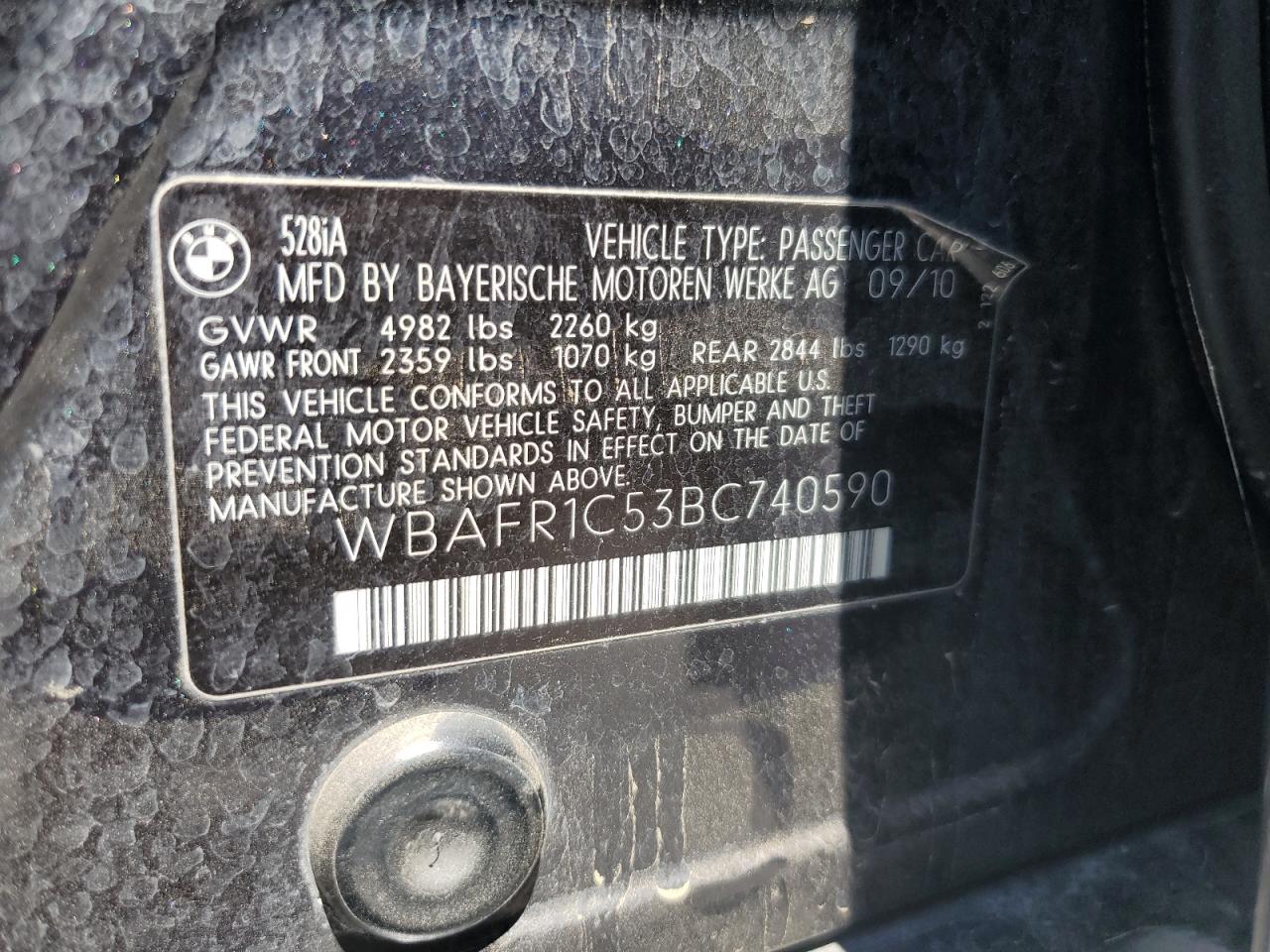 2011 BMW 528 I VIN: WBAFR1C53BC740590 Lot: 66182724