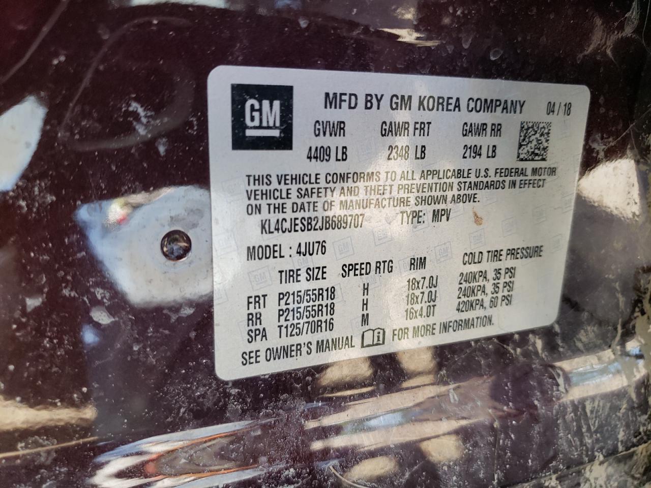 2018 Buick Encore Preferred VIN: KL4CJESB2JB689707 Lot: 67342754