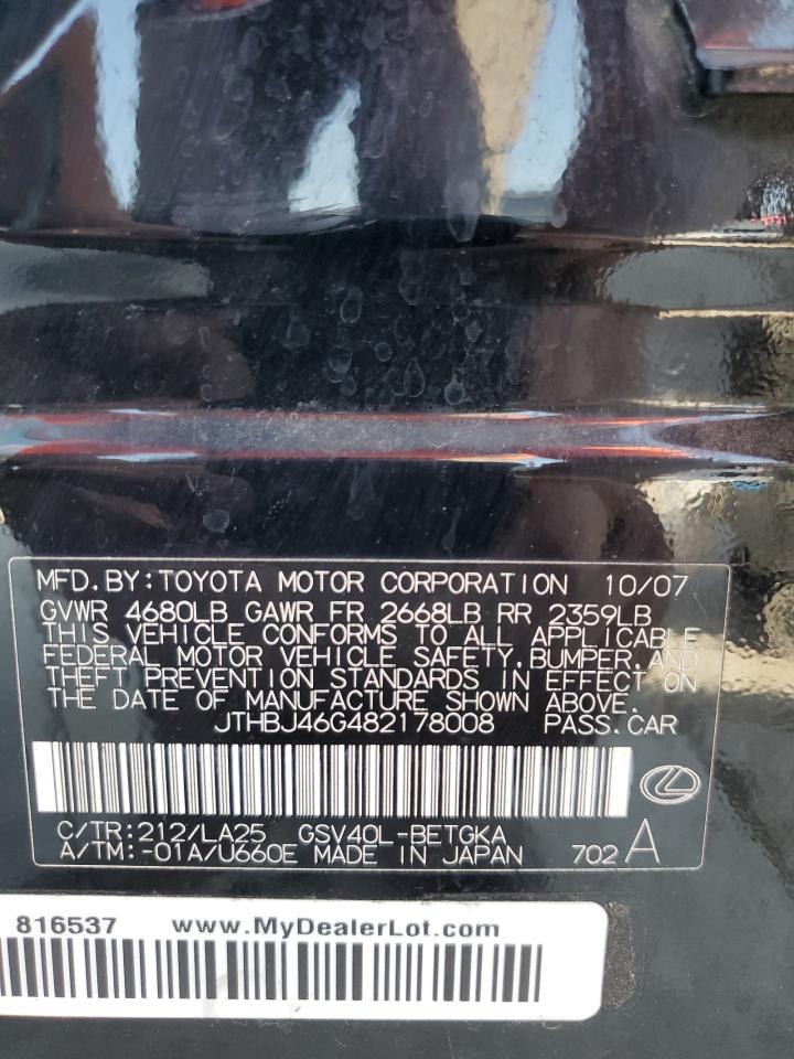 2008 Lexus Es 350 VIN: JTHBJ46G482178008 Lot: 65583434