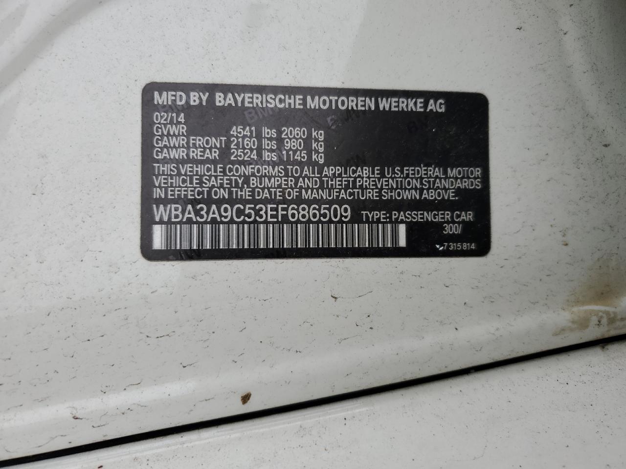 2014 BMW 335 I VIN: WBA3A9C53EF686509 Lot: 66516084