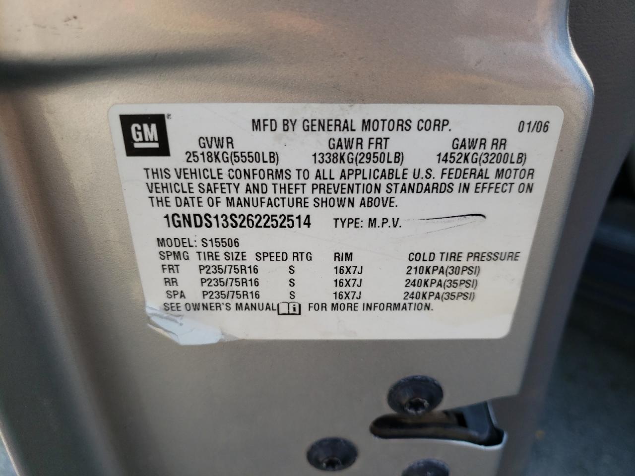 2006 Chevrolet Trailblazer Ls VIN: 1GNDS13S262252514 Lot: 66197164