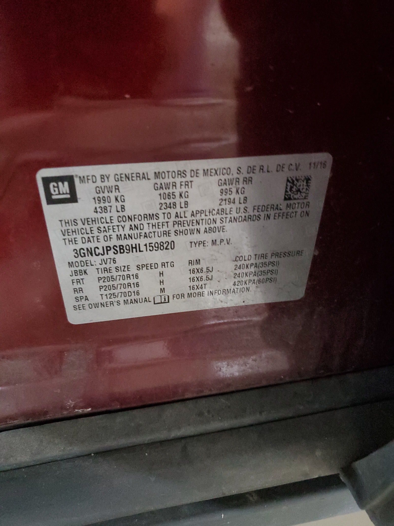 3GNCJPSB9HL159820 2017 Chevrolet Trax 1Lt