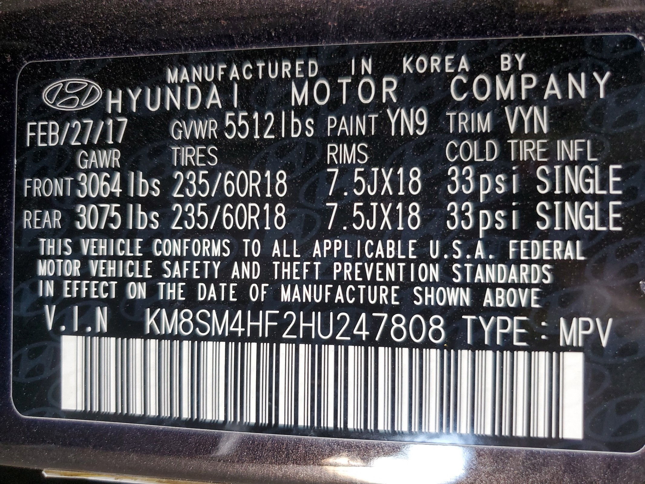 KM8SM4HF2HU247808 2017 Hyundai Santa Fe Se