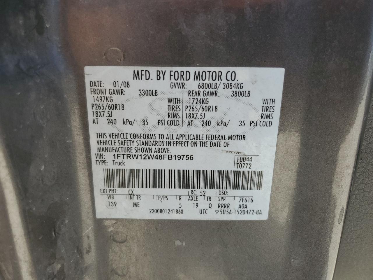 1FTRW12W48FB19756 2008 Ford F150 Supercrew