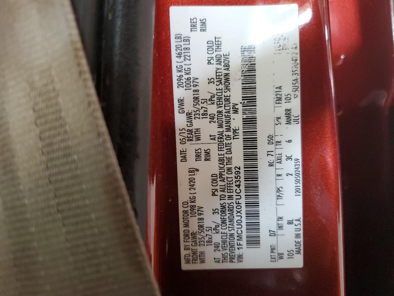 2015 Ford Escape Titanium VIN: 1FMCU0JX0FUC43592 Lot: 65944874