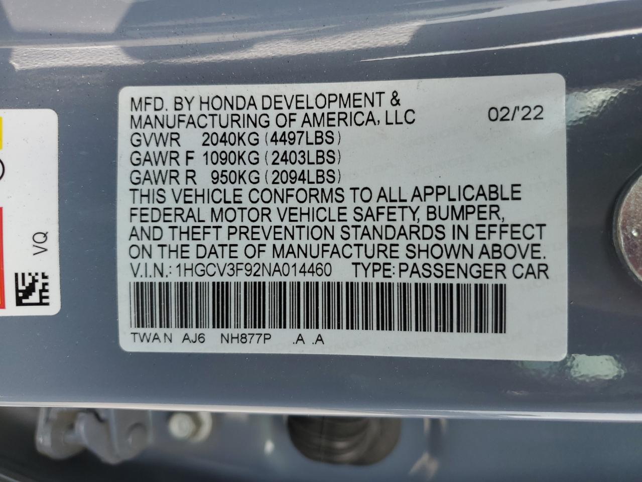 1HGCV3F92NA014460 2022 Honda Accord Touring Hybrid