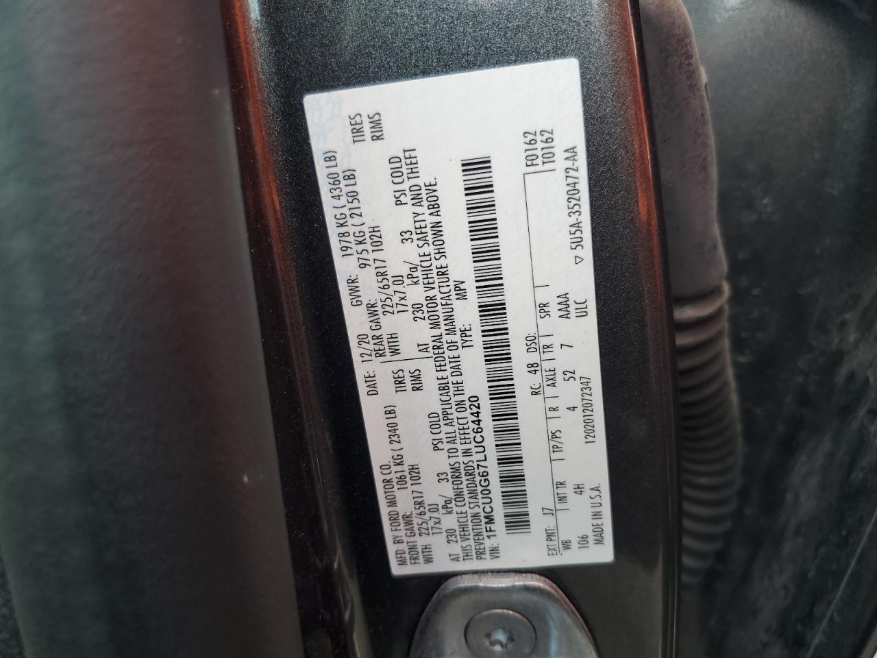 2020 Ford Escape Se VIN: 1FMCU0G67LUC64420 Lot: 65657034