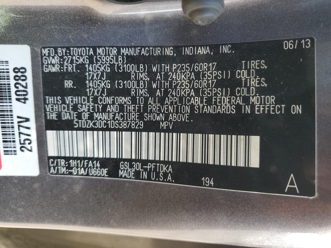 2013 Toyota Sienna VIN: 5TDZK3DC1DS387829 Lot: 69256384