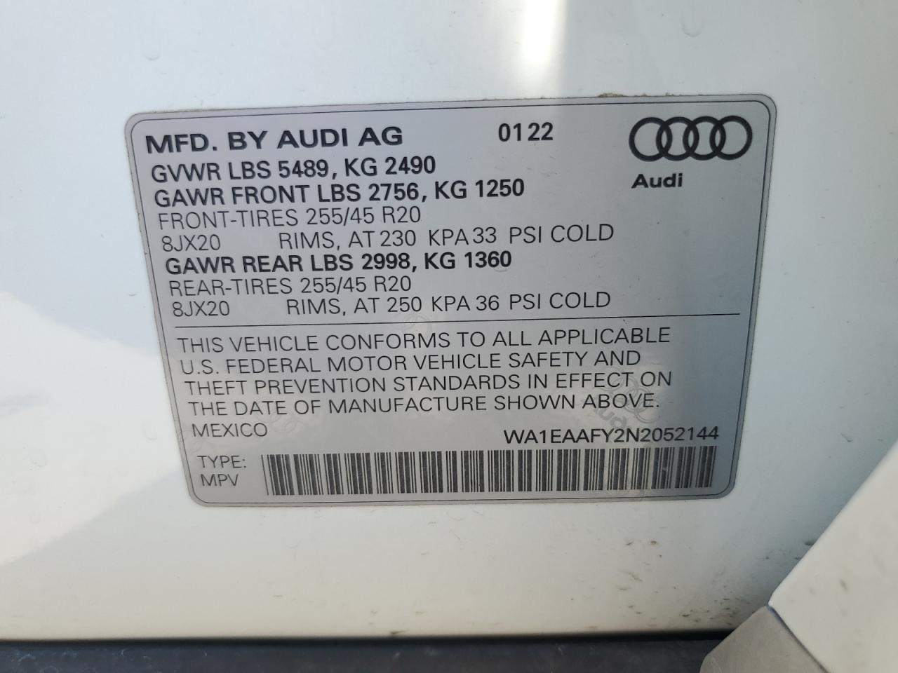 WA1EAAFY2N2052144 2022 Audi Q5 Premium Plus 45