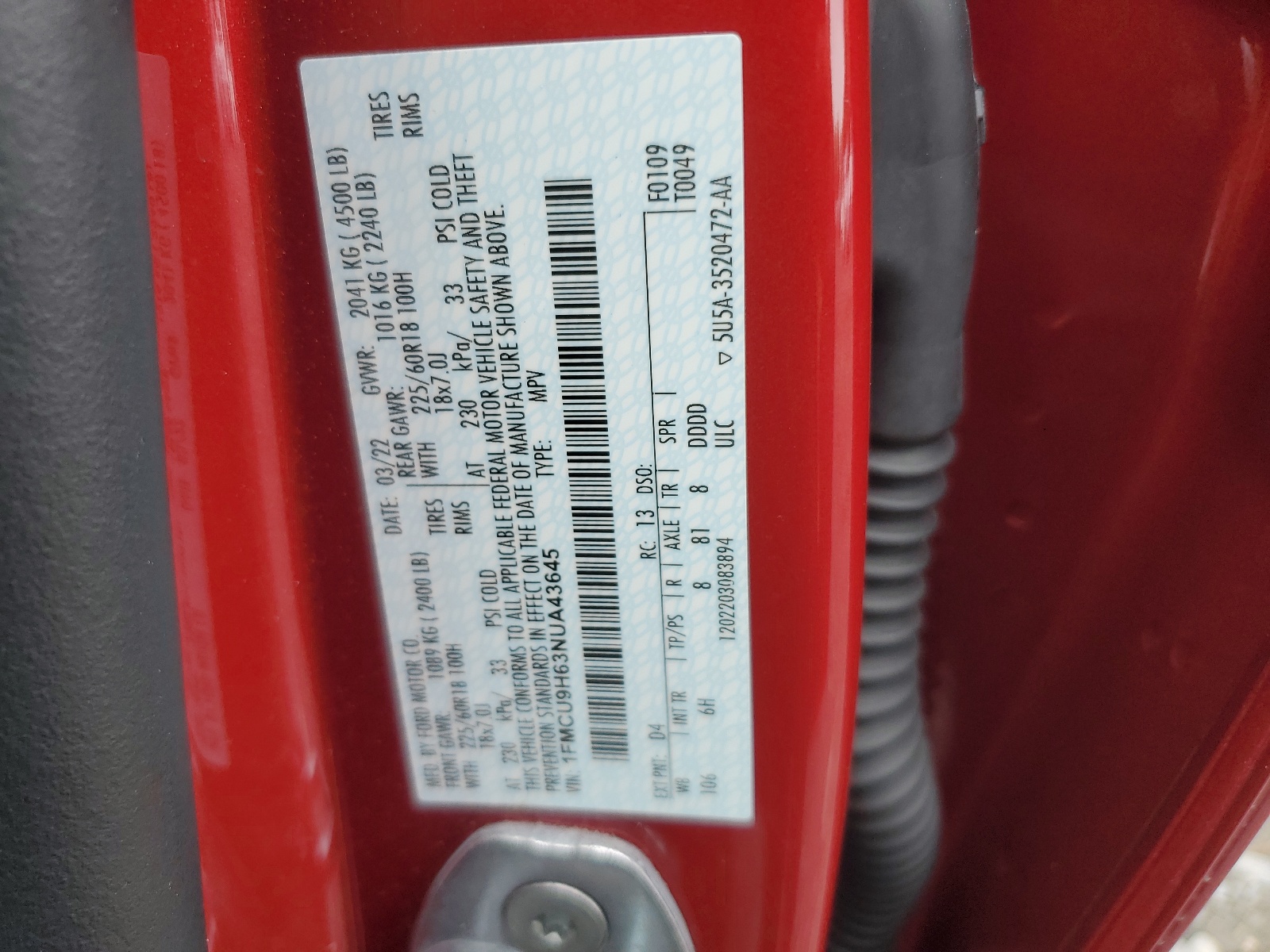 1FMCU9H63NUA43645 2022 Ford Escape Sel