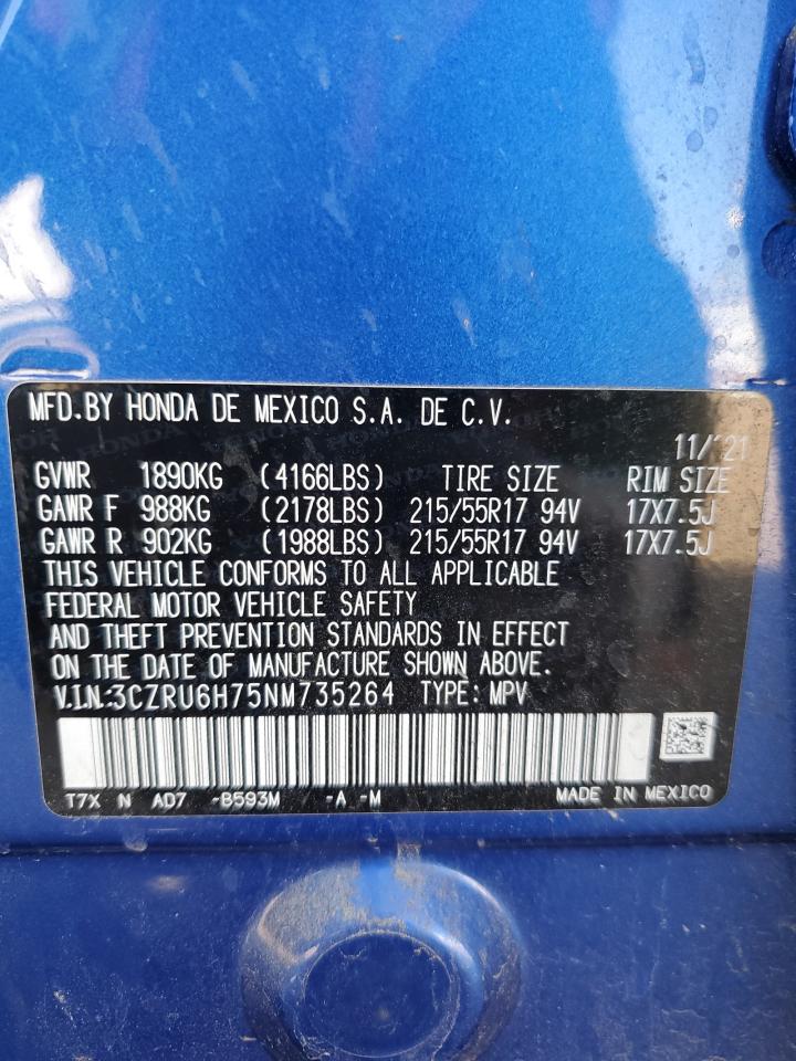 2022 Honda Hr-V Exl VIN: 3CZRU6H75NM735264 Lot: 65675414