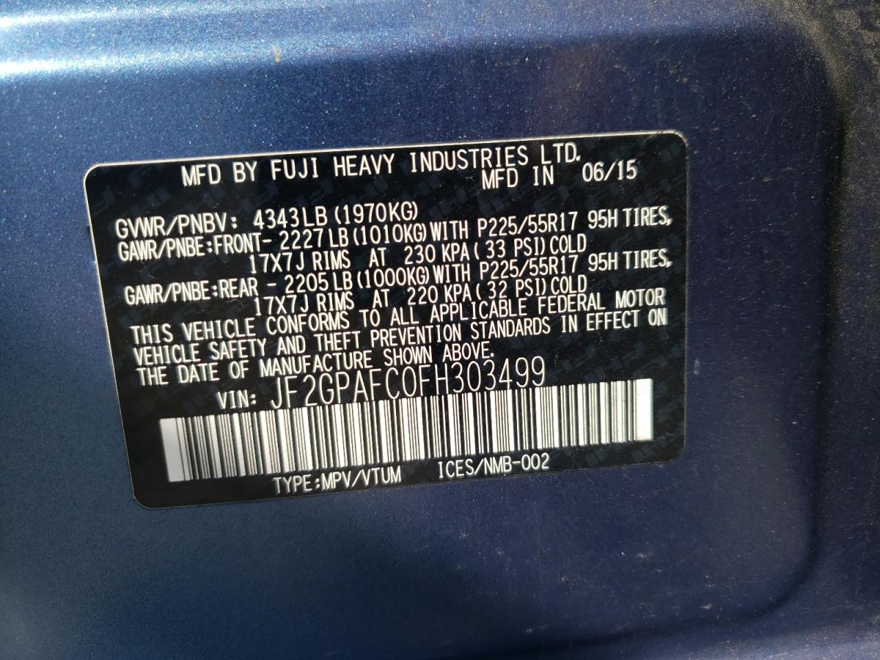 2015 Subaru Xv Crosstrek 2.0 Premium VIN: JF2GPAFC0FH303499 Lot: 67123974