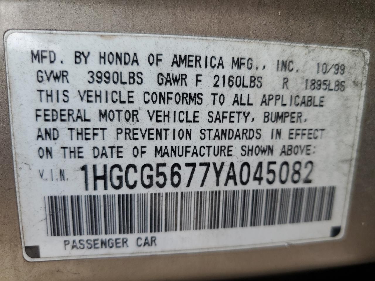 2000 Honda Accord Se VIN: 1HGCG5677YA045082 Lot: 66491004