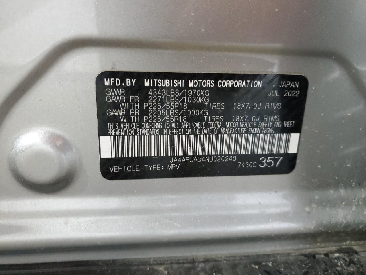 2022 Mitsubishi Outlander Sport Es VIN: JA4APUAU4NU020240 Lot: 66818404