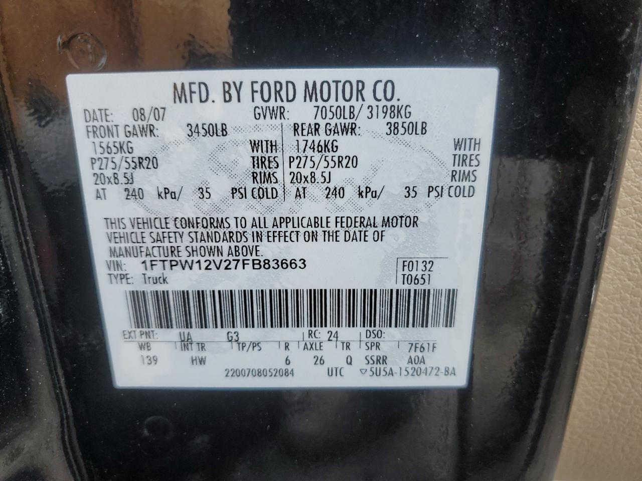 1FTPW12V27FB83663 2007 Ford F150 Supercrew