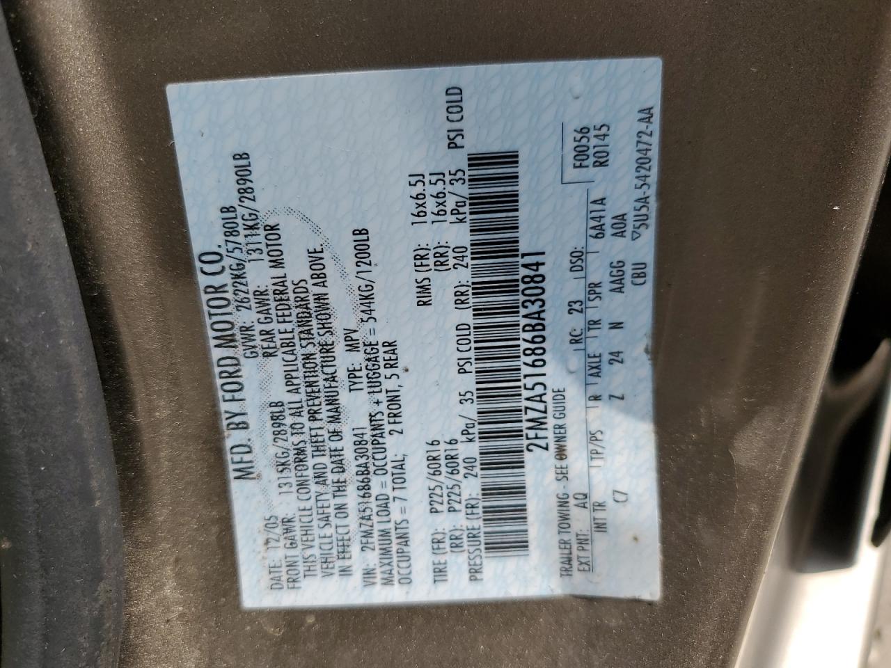 2006 Ford Freestar Se VIN: 2FMZA51686BA30841 Lot: 66415564