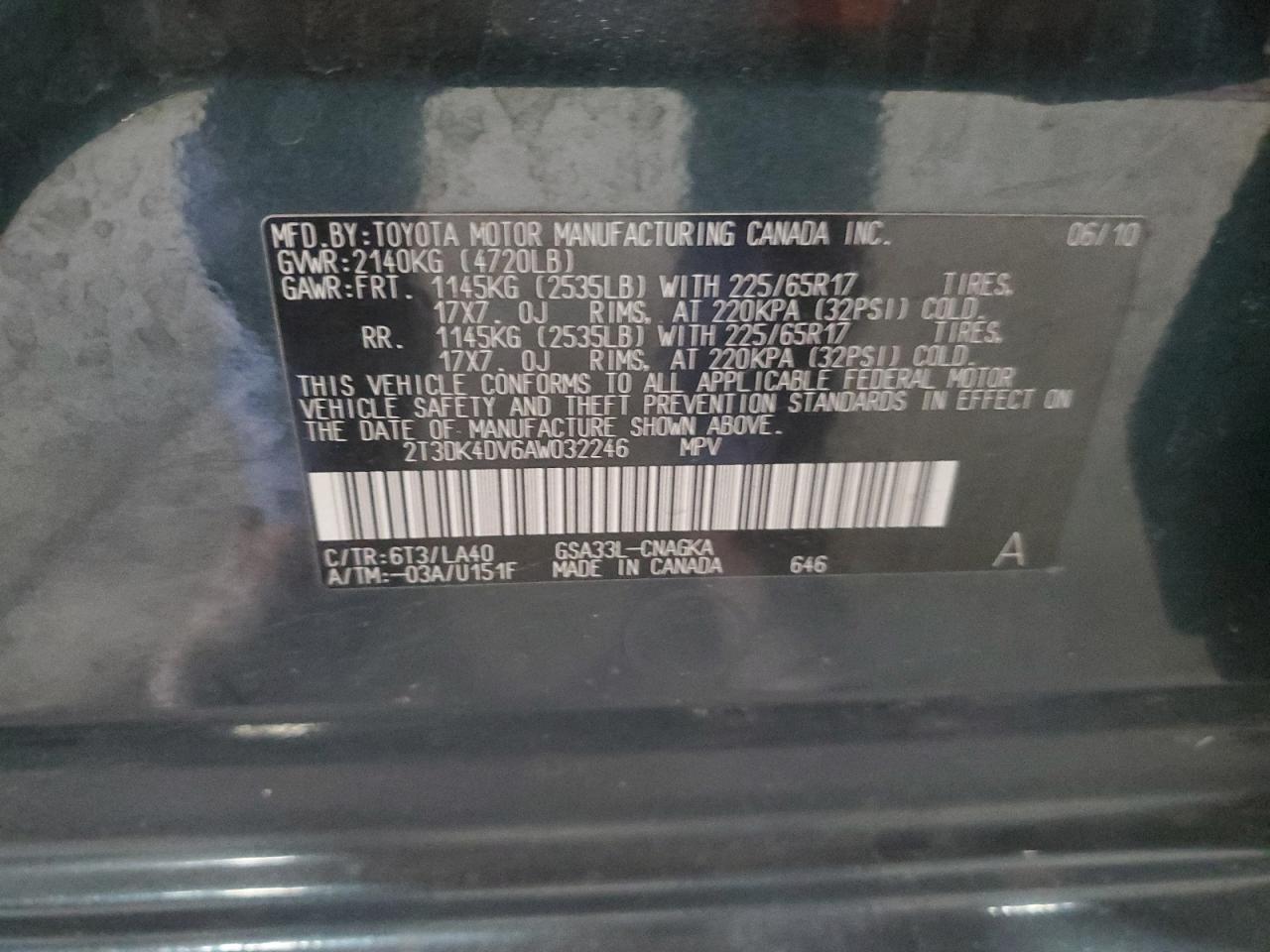 2010 Toyota Rav4 Limited VIN: 2T3DK4DV6AW032246 Lot: 64779334