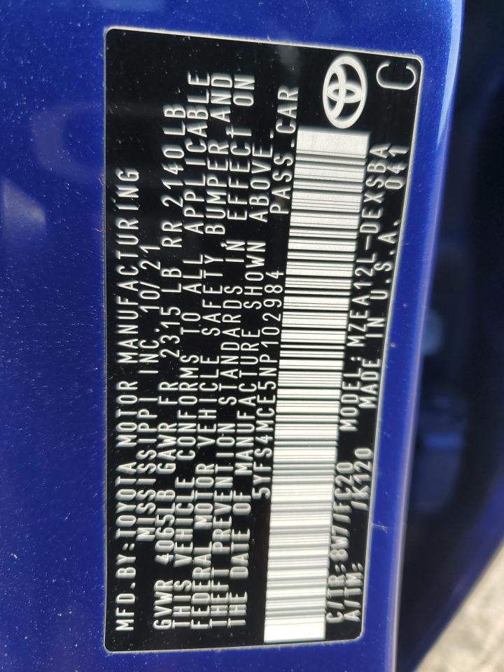 2022 Toyota Corolla Se VIN: 5YFS4MCE5NP102984 Lot: 68288464