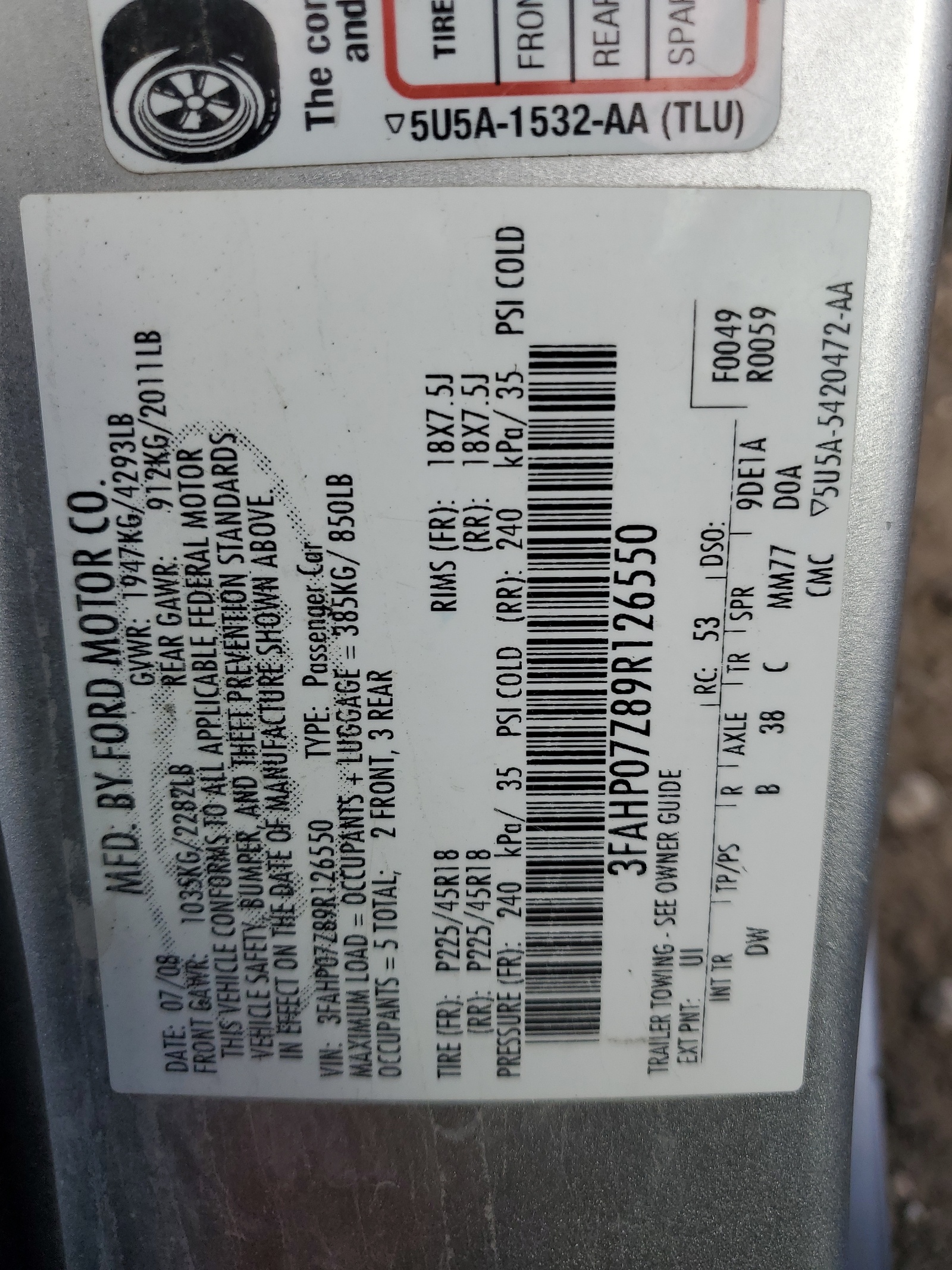 3FAHP07Z89R126550 2009 Ford Fusion Se