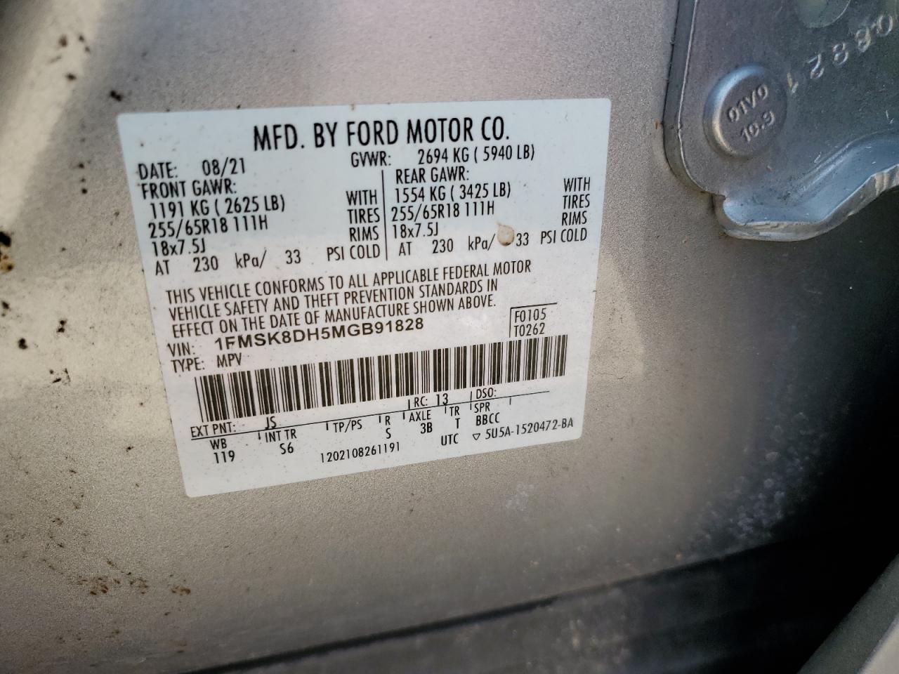 2021 Ford Explorer Xlt VIN: 1FMSK8DH5MGB91828 Lot: 65213634