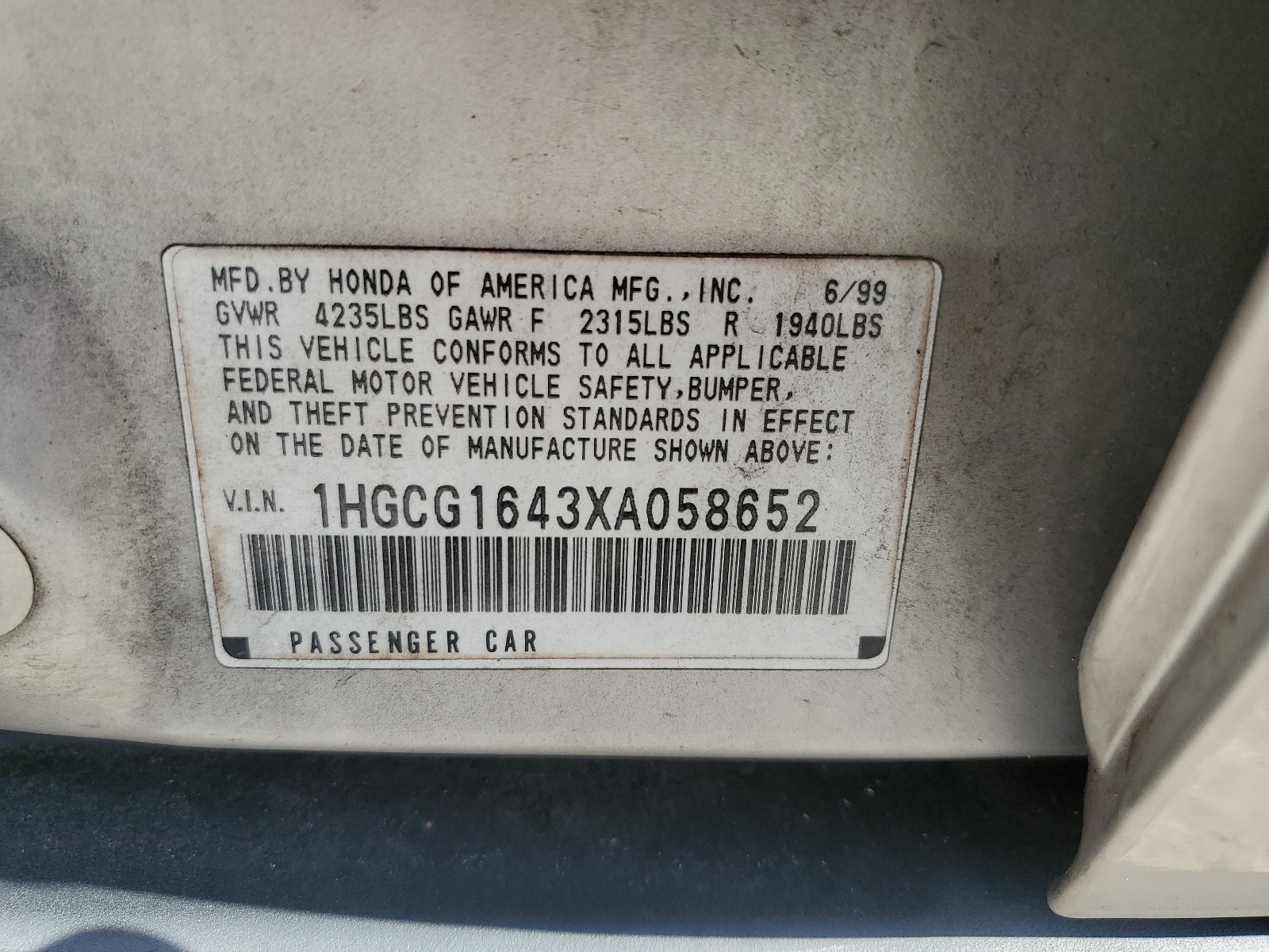 1HGCG1643XA058652 1999 Honda Accord Lx