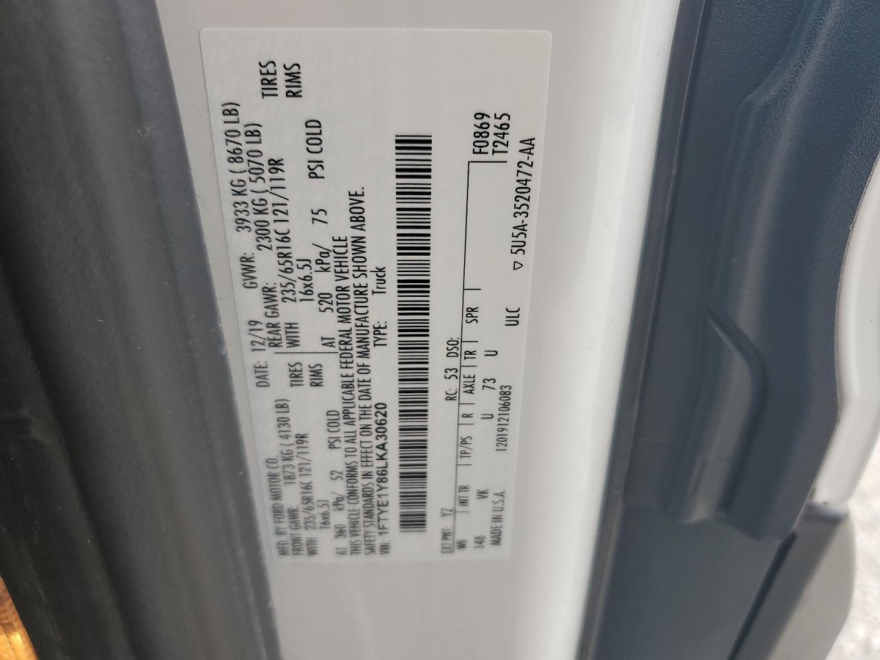 2020 Ford Transit T-150 VIN: 1FTYE1Y86LKA30620 Lot: 67641464