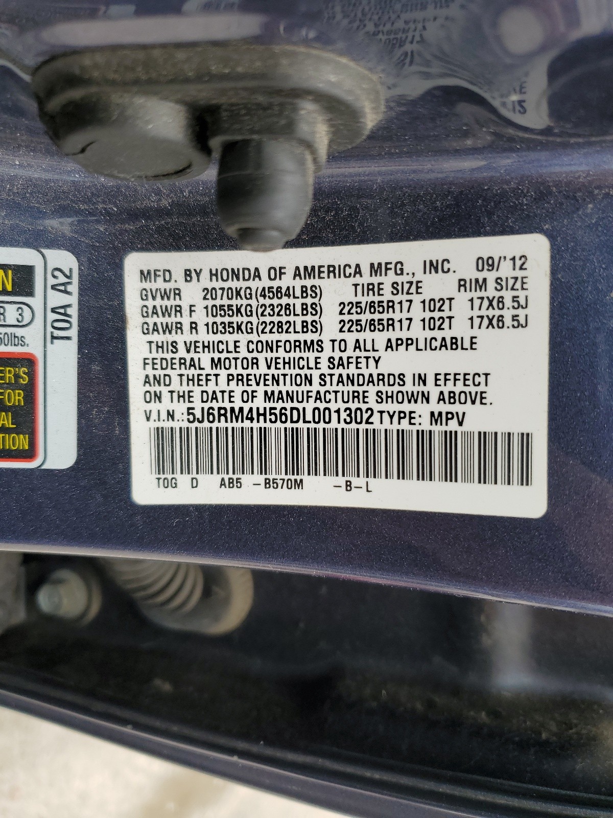 5J6RM4H56DL001302 2013 Honda Cr-V Ex