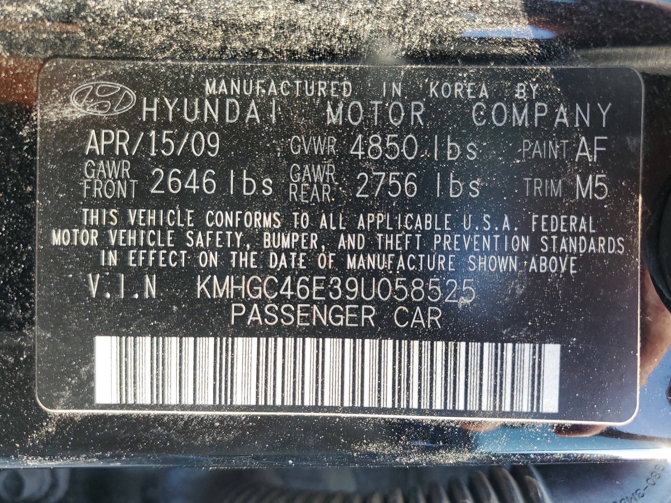 KMHGC46E39U058525 2009 Hyundai Genesis 3.8L