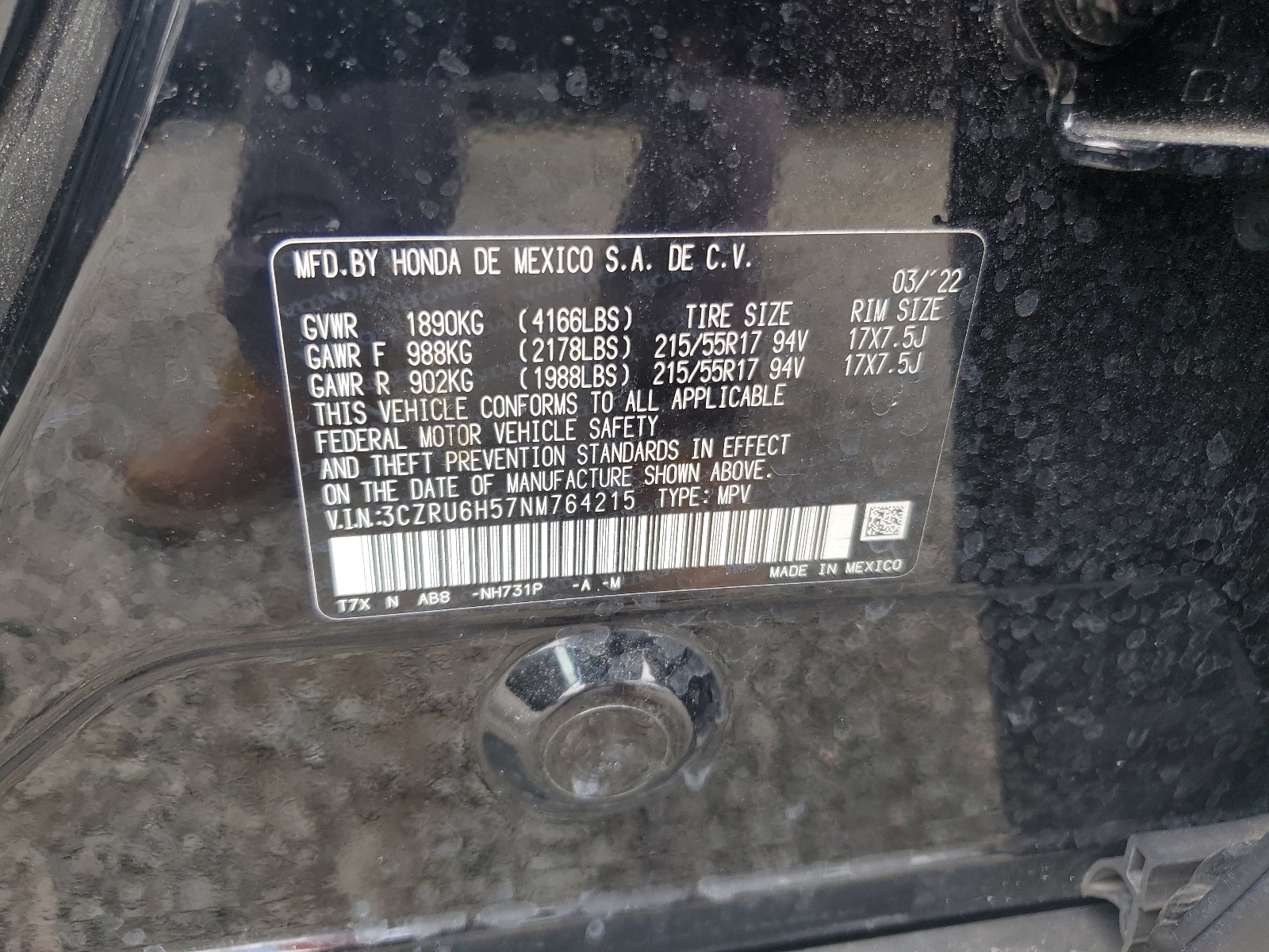 3CZRU6H57NM764215 2022 Honda Hr-V Ex