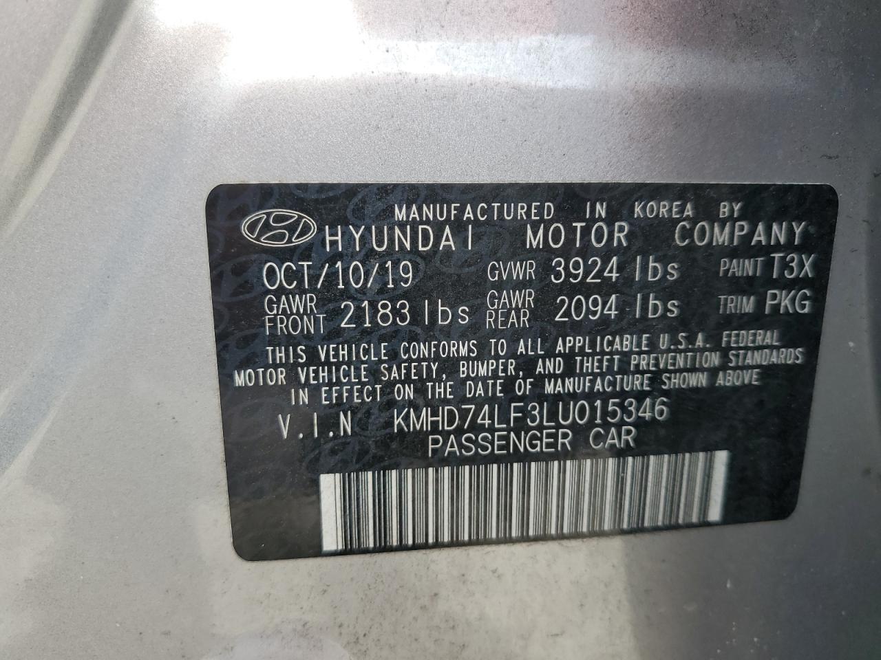 2020 Hyundai Elantra Se VIN: KMHD74LF3LU015346 Lot: 69255494