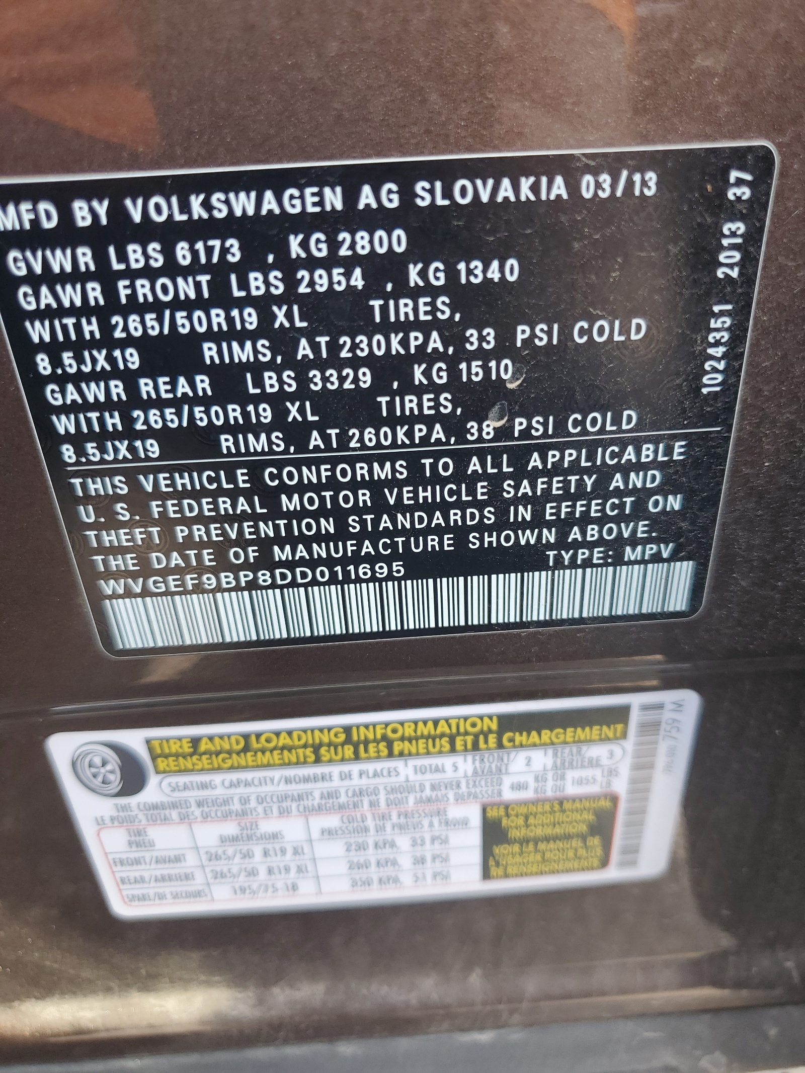 WVGEF9BP8DD011695 2013 Volkswagen Touareg V6