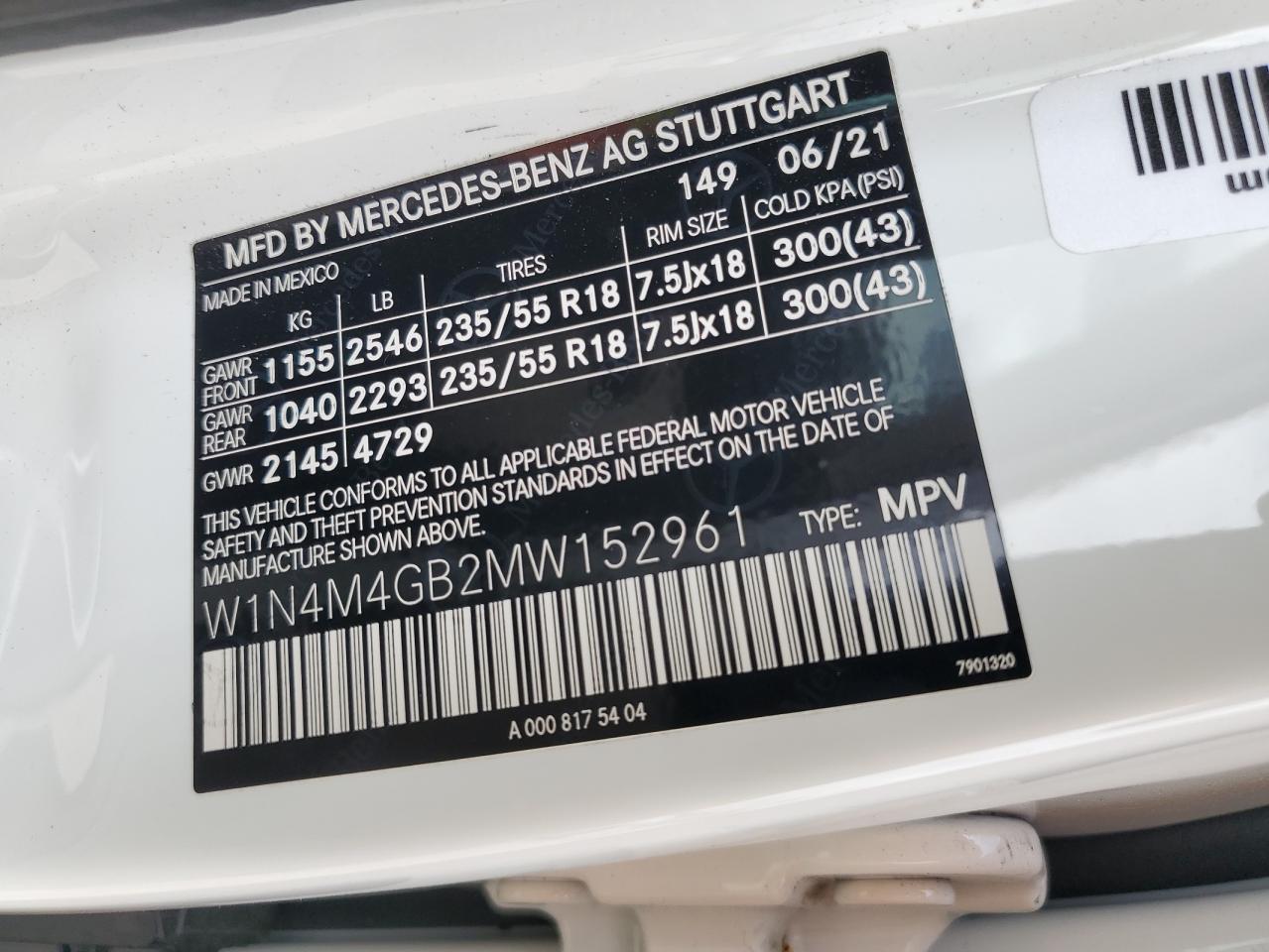 W1N4M4GB2MW152961 2021 Mercedes-Benz Glb 250