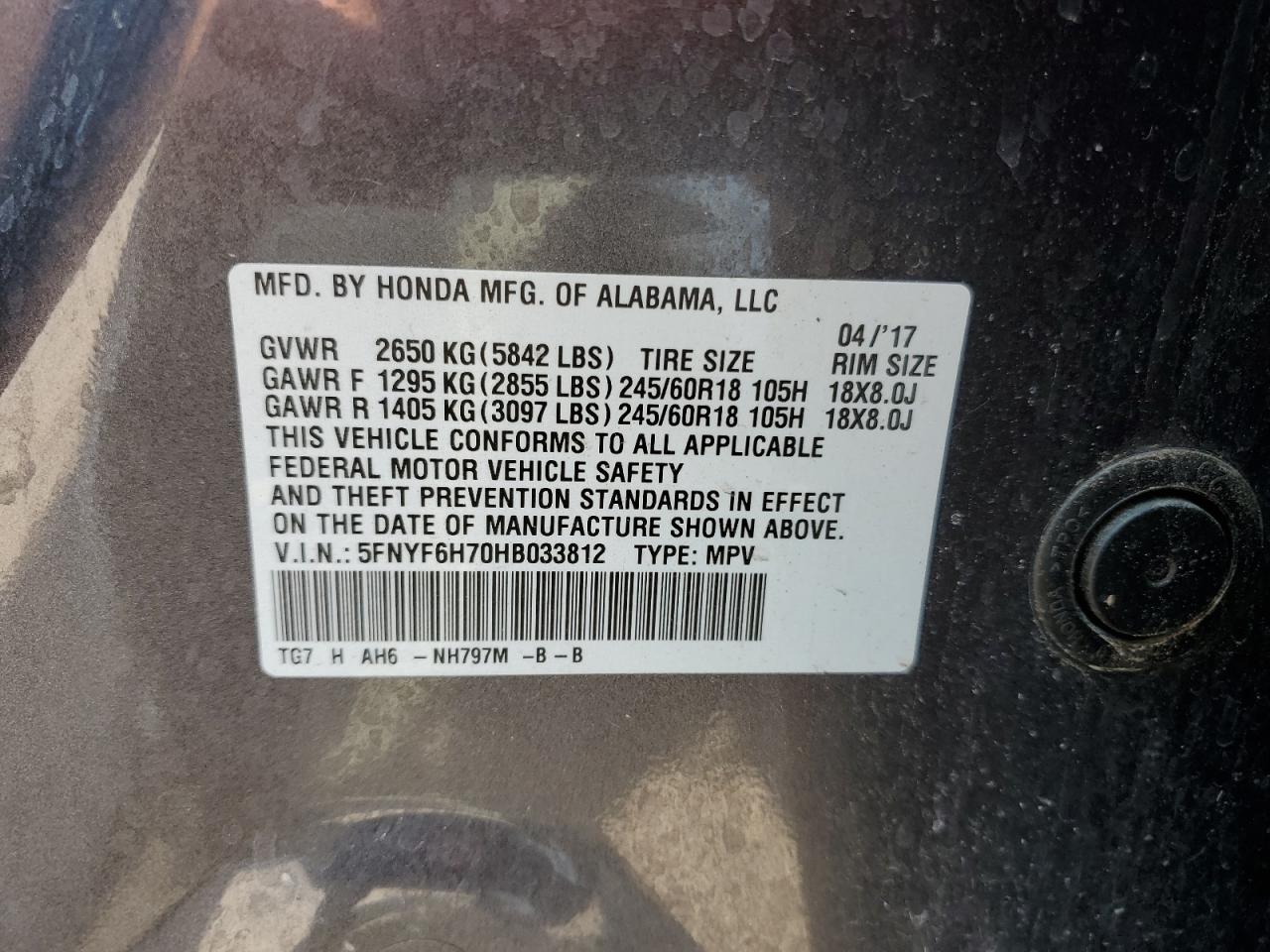 5FNYF6H70HB033812 2017 HONDA PILOT - Image 13