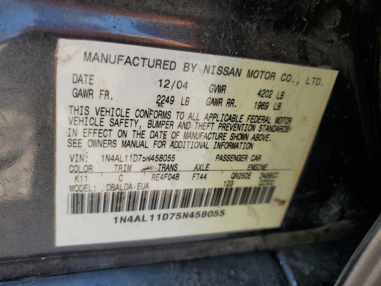 2005 Nissan Altima S VIN: 1N4AL11D75N458055 Lot: 65374744