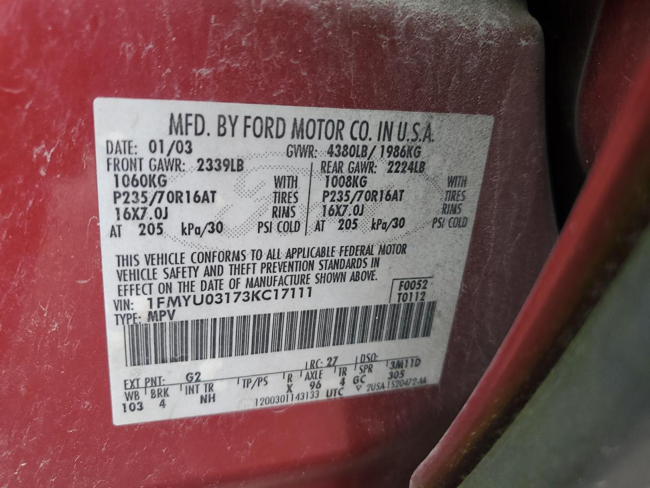 2003 Ford Escape Xlt VIN: 1FMYU03173KC17111 Lot: 66117724