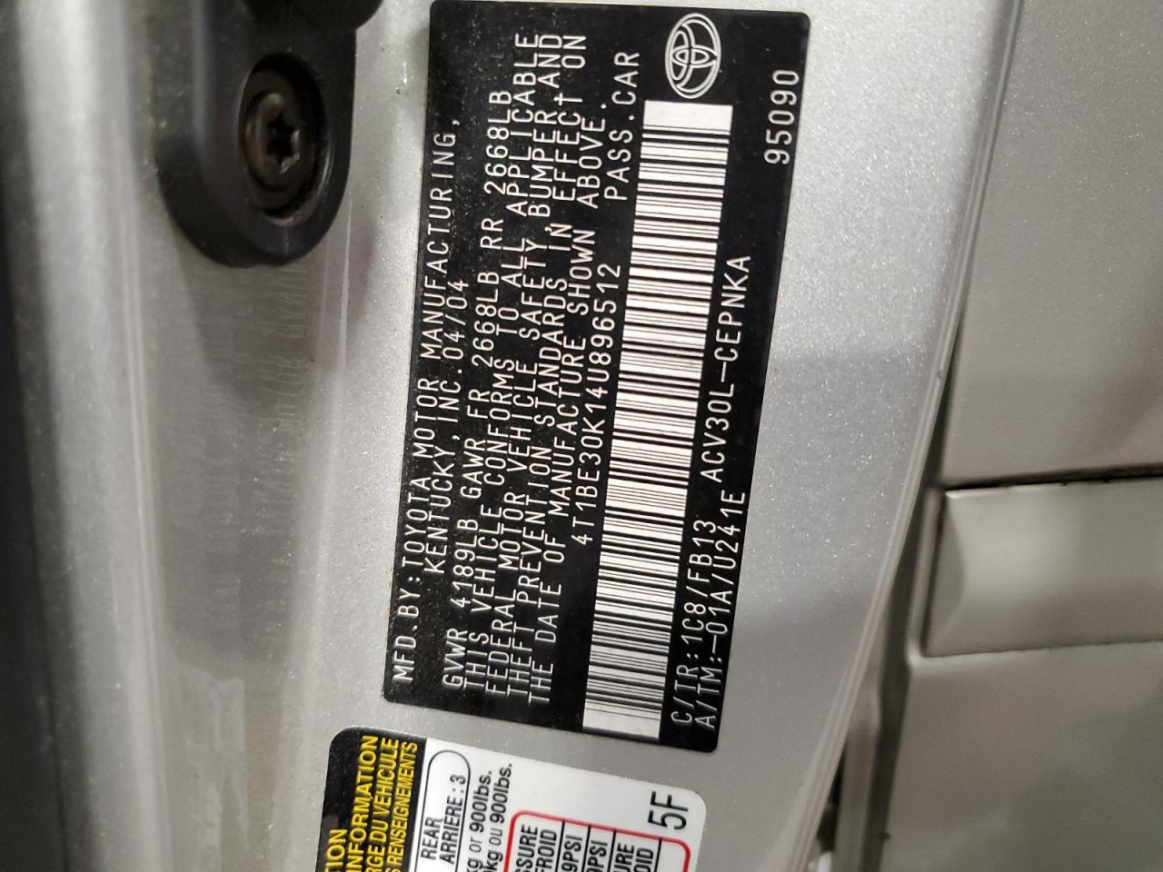 2004 Toyota Camry Le VIN: 4T1BE30K14U896512 Lot: 67366944