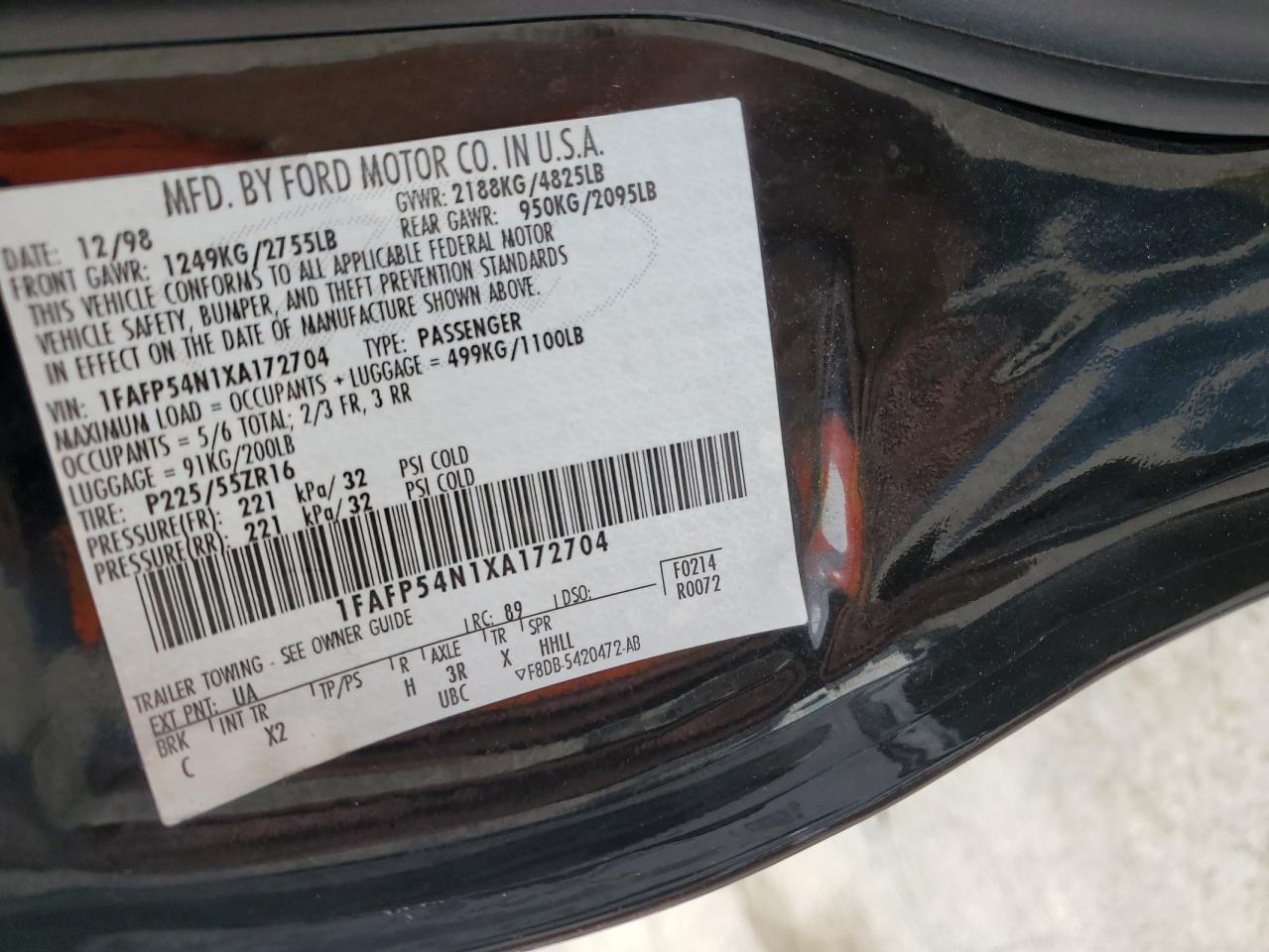 1999 Ford Taurus Sho VIN: 1FAFP54N1XA172704 Lot: 67959274