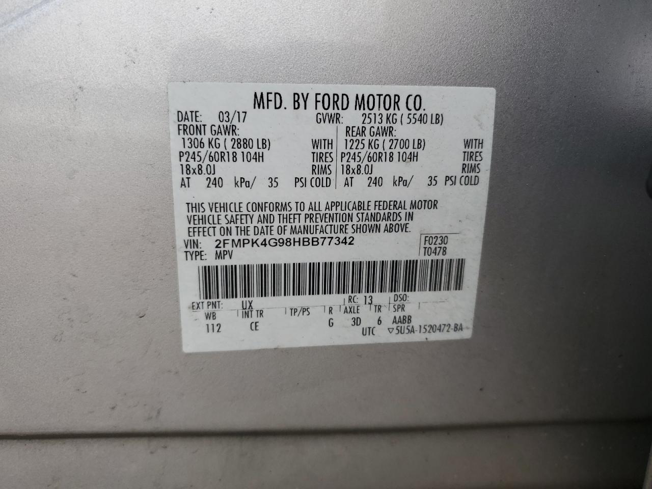 2017 Ford Edge Se VIN: 2FMPK4G98HBB77342 Lot: 68207864