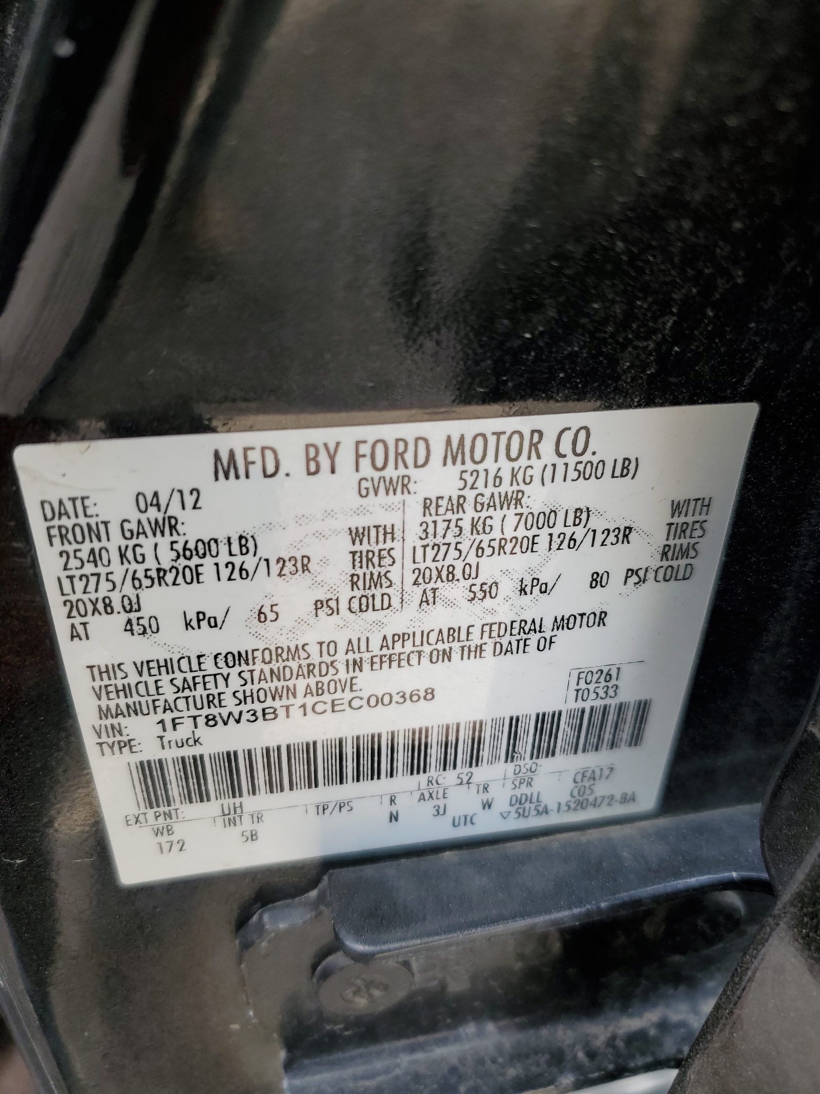 1FT8W3BT1CEC00368 2012 Ford F350 Super Duty