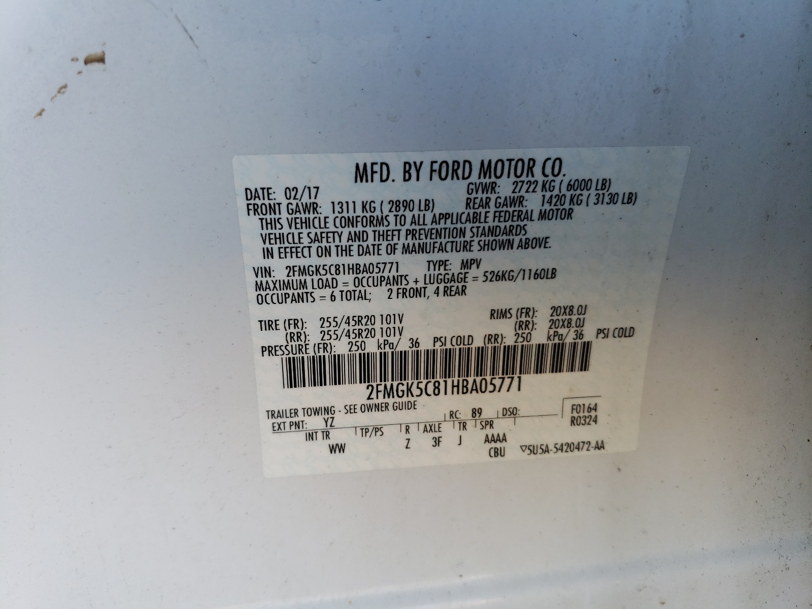 2FMGK5C81HBA05771 2017 Ford Flex Sel