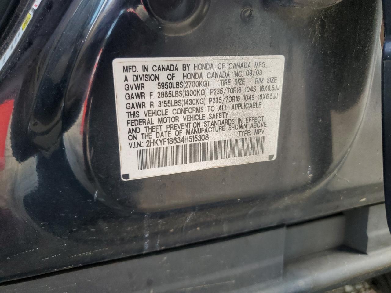 2004 Honda Pilot Exl VIN: 2HKYF18634H515308 Lot: 66946074