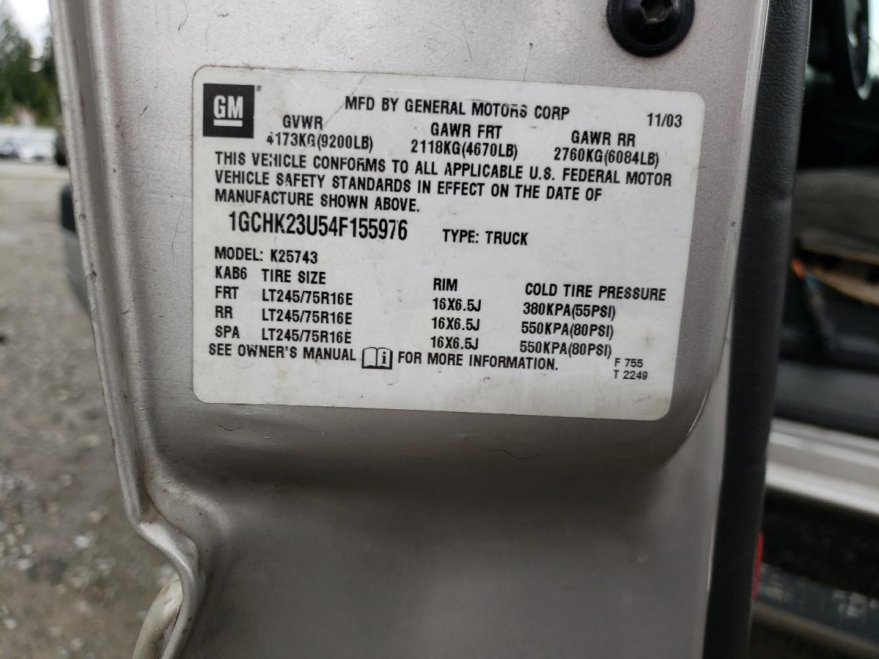 2004 Chevrolet Silverado K2500 Heavy Duty VIN: 1GCHK23U54F155976 Lot: 67809324