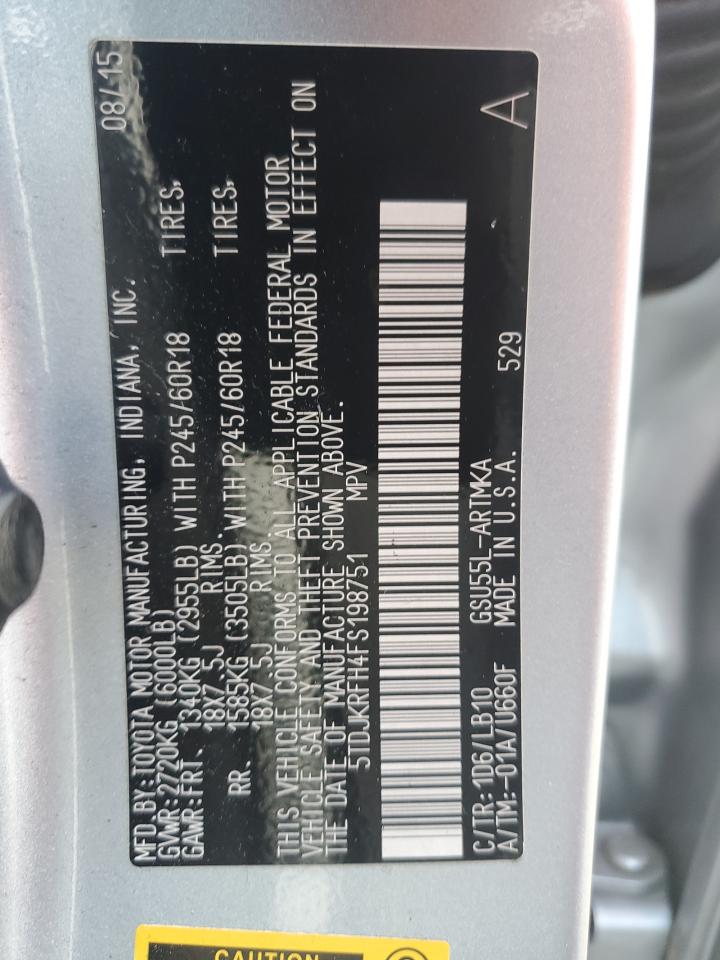 2015 Toyota Highlander Xle VIN: 5TDJKRFH4FS198751 Lot: 64811144