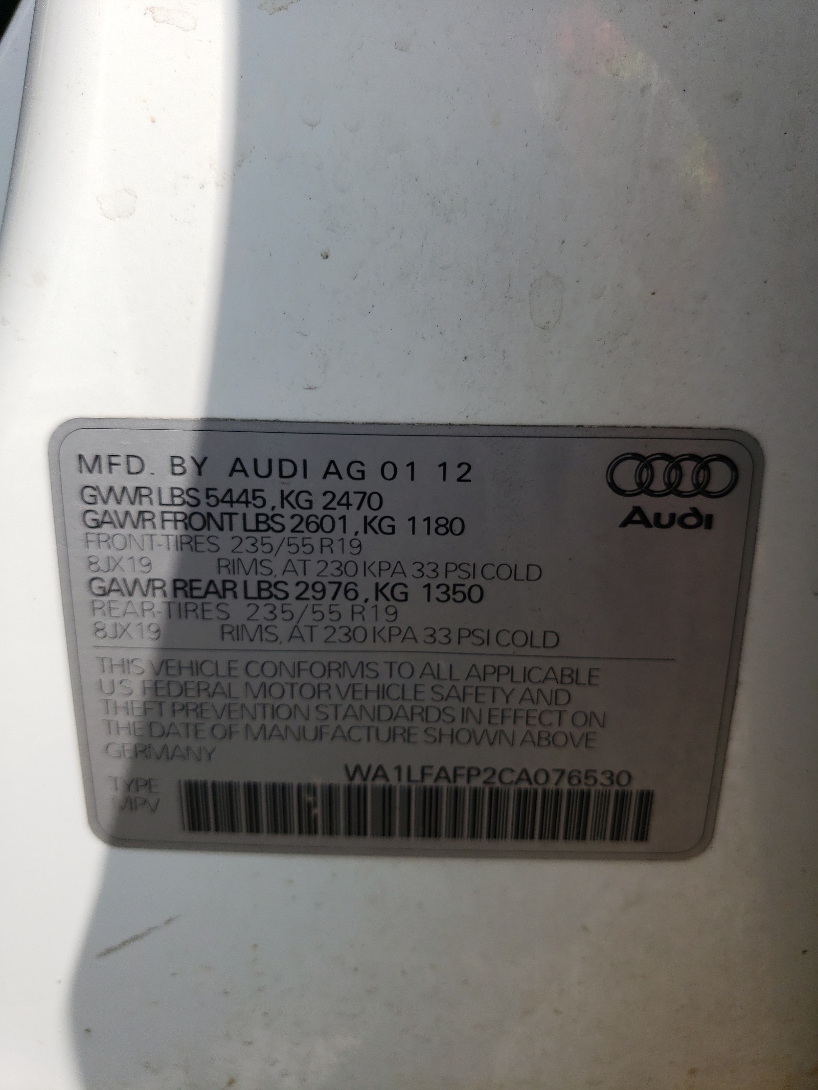 WA1LFAFP2CA076530 2012 Audi Q5 Premium Plus