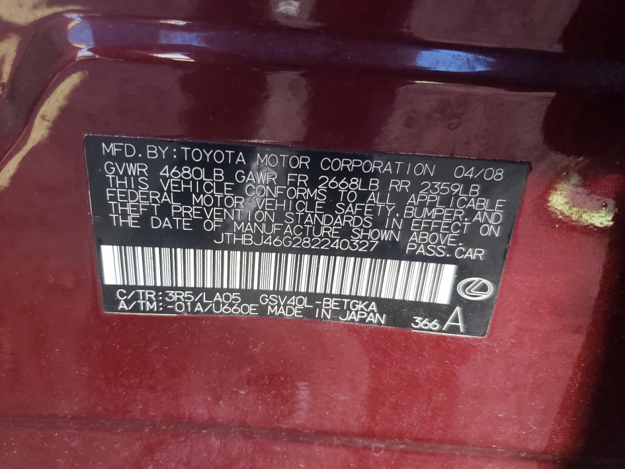 2008 Lexus Es 350 VIN: JTHBJ46G282240327 Lot: 66952514