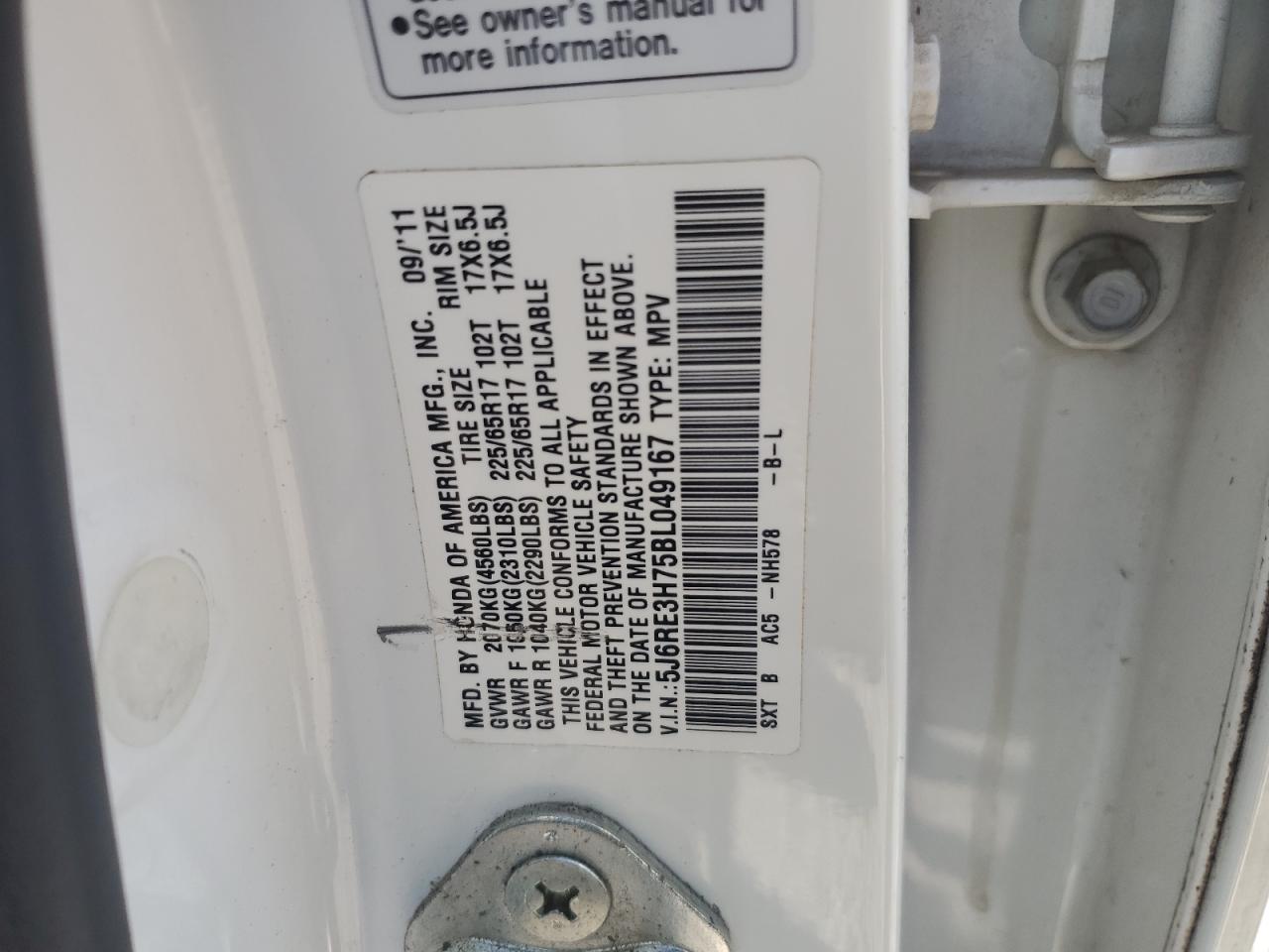 2011 Honda Cr-V Exl VIN: 5J6RE3H75BL049167 Lot: 66361354