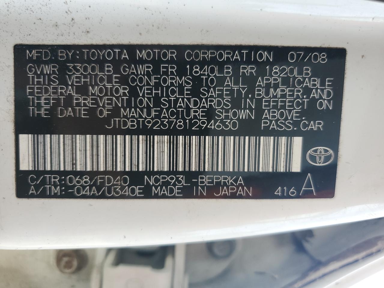 JTDBT923781294630 2008 Toyota Yaris