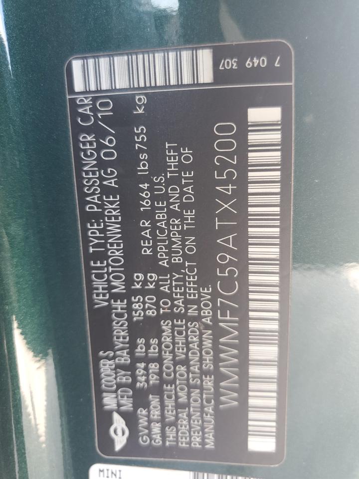 2010 Mini Cooper S VIN: WMWMF7C59ATX45200 Lot: 67235384