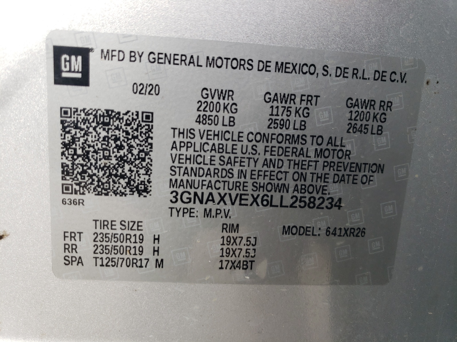 3GNAXVEX6LL258234 2020 Chevrolet Equinox Lt