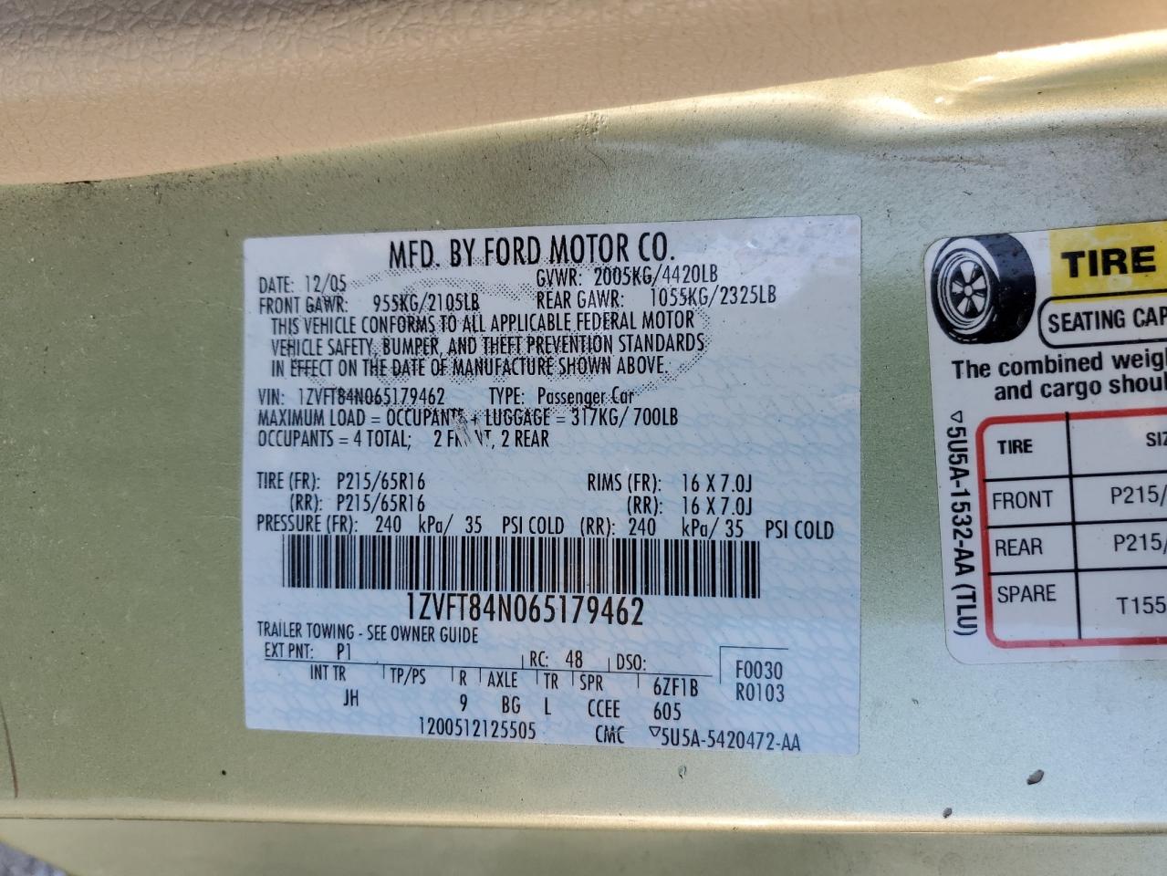 2006 Ford Mustang VIN: 1ZVFT84N065179462 Lot: 67245764